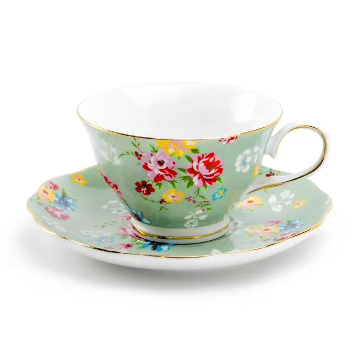 Green Rose Teacup and Saucer